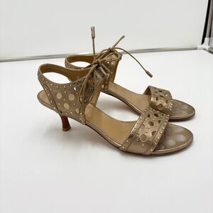 Stuart Weitzman Circular Metallic Gold Leather Studded Kitten Heel Sandals 8.5